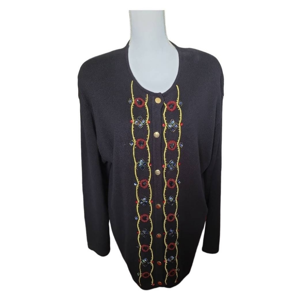 Vintage Leslie Fay Sportswear Woman Black Beaded Buttoned Cardigan 2X